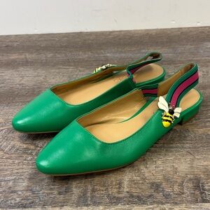 Talbots Green Leather Slingback Flats | Bee Embellished | Size 5.5M